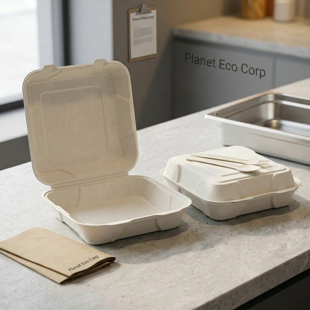 Eco Corp 9" x 9" Take-out Box Clamshell - 100% Compostable