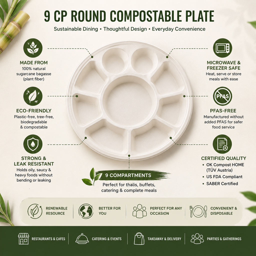 Planet Eco Corp | 9-Compartment Compostable Meal Plate | Pack of 50