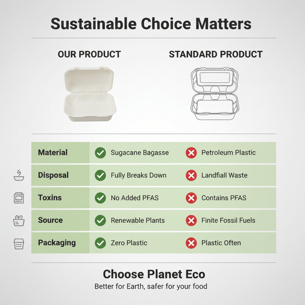 Planet Eco Corp 9 x 6 Inch Compostable Clamshell To Go Containers, Sugarcane Bagasse Takeaway Containers, Leak-Resistant, Microwave & Freezer Safe, PFAS-Free, Plastic-Free & Tree-Free Food Packaging