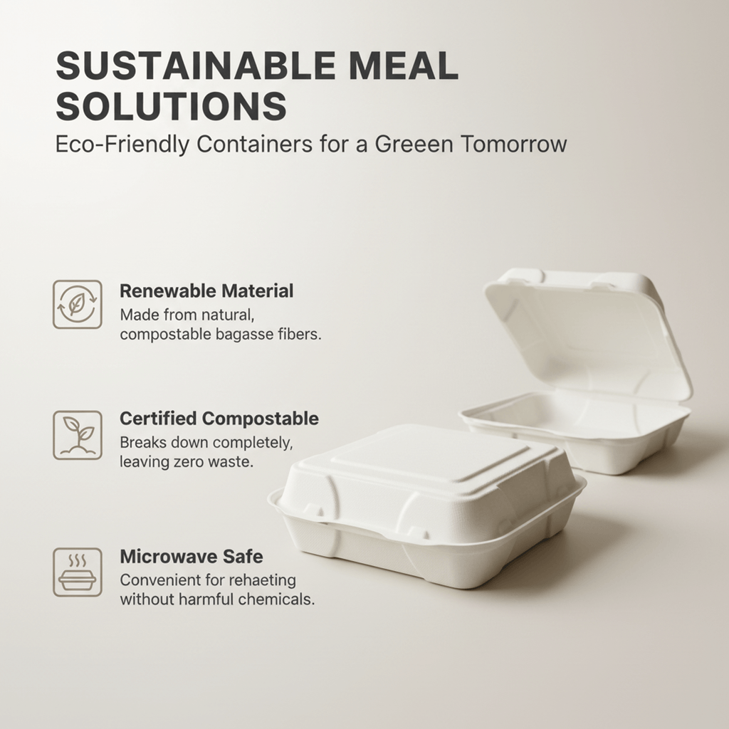 Planet Eco Corp 9x9 Inch Compostable Clamshell Food Containers - 50 Pack, Sugarcane Bagasse, Leak-Resistant, Microwave Safe, Eco-Friendly Takeaway Food Boxes, PFAS-Free & Biodegradable