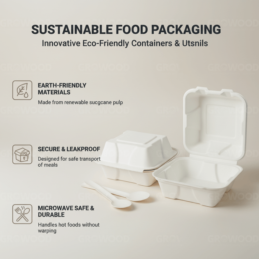 Planet Eco Corp 6 x 6 Inch Compostable Clamshell Food Containers, Pack of 50 – Sugarcane Bagasse Takeaway Boxes, Leak-Resistant, Microwave Safe, PFAS-Free, Eco-Friendly Food Containers