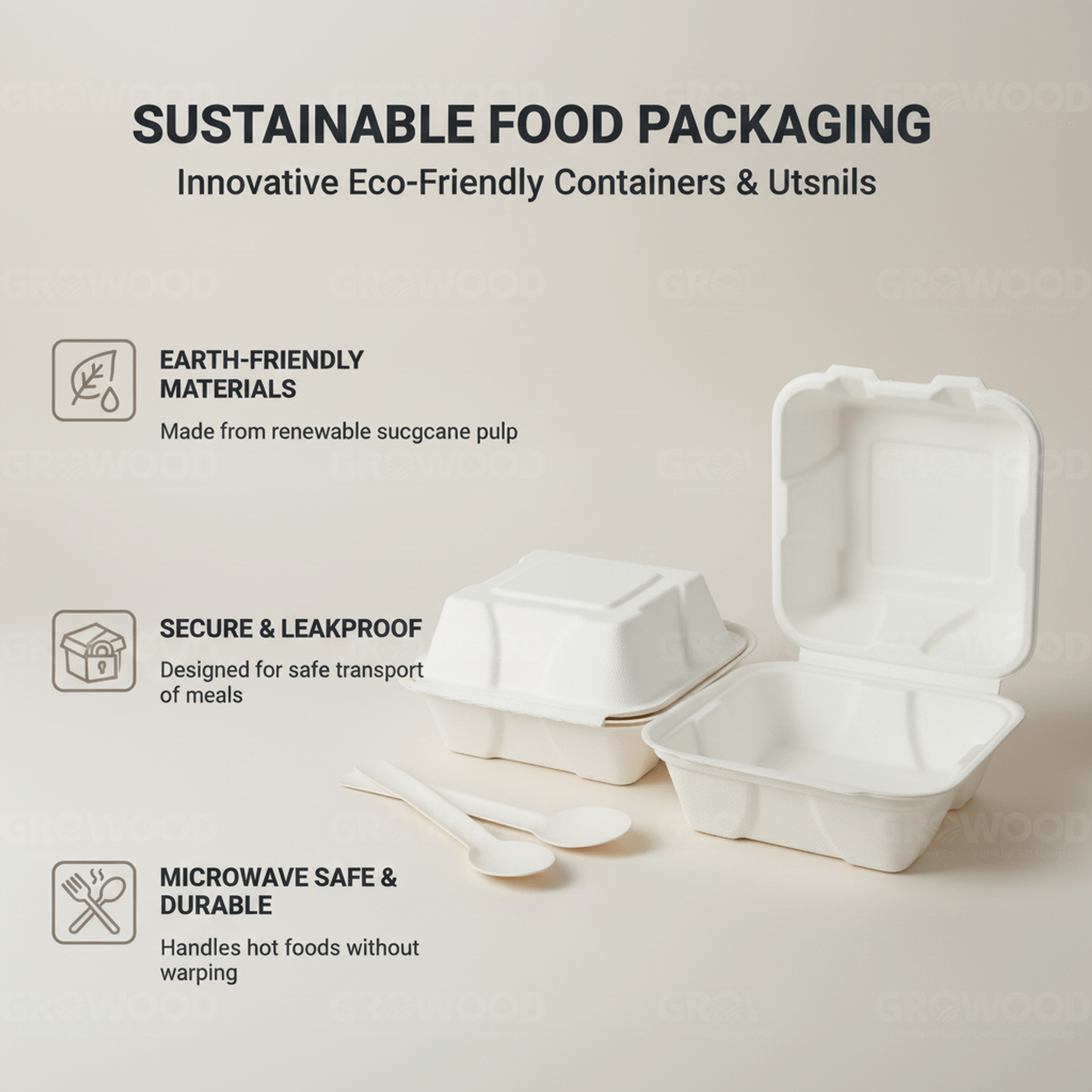 Planet Eco Corp 6 x 6 Inch Compostable Clamshell Food Containers, Pack of 50 – Sugarcane Bagasse Takeaway Boxes, Leak-Resistant, Microwave Safe, PFAS-Free, Eco-Friendly Food Containers