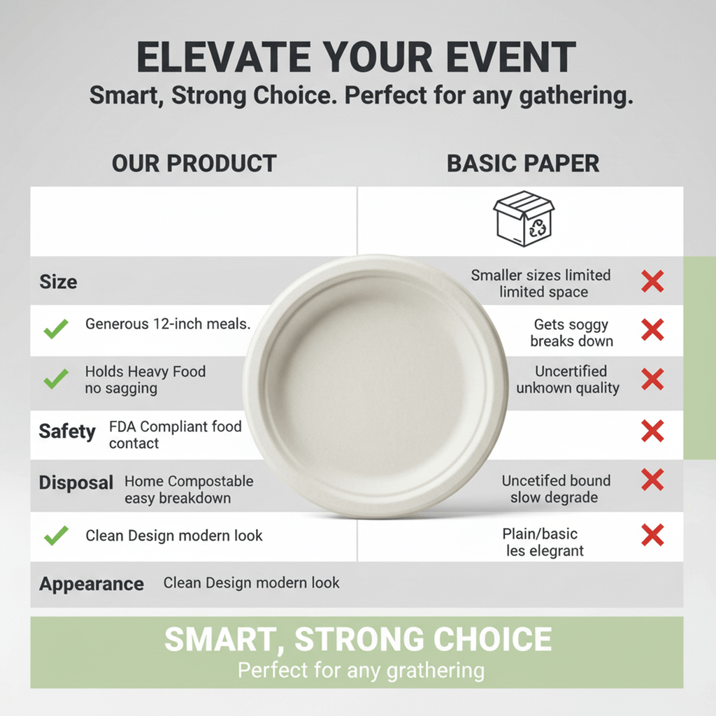 Planet Eco Corp 12 Inch Compostable Round Plates - 50 Pack Sugarcane Bagasse Dinnerware - Eco-Friendly, Heavy Duty, Microwave Safe Disposable Plates
