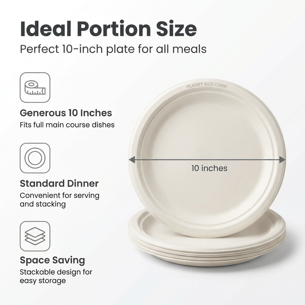 Planet Eco Corp 10 Inch Compostable Bagasse Plates, Pack of 50 – Heavy-Duty Disposable Dinnerware, PFAS-Free, Microwave Safe, Leak-Resistant & Eco-Friendly