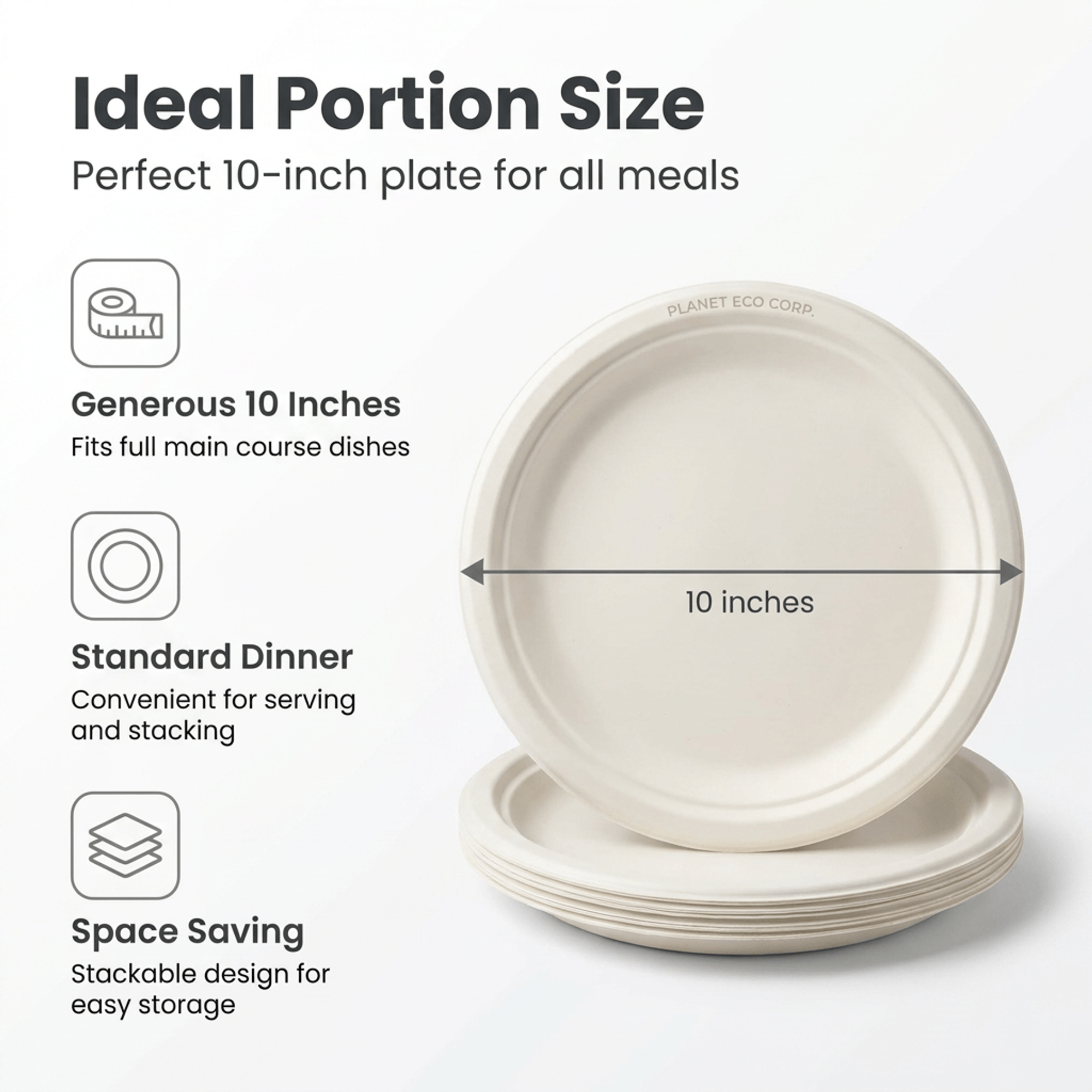 Planet Eco Corp 10 Inch Compostable Bagasse Plates, Pack of 50 – Heavy-Duty Disposable Dinnerware, PFAS-Free, Microwave Safe, Leak-Resistant & Eco-Friendly
