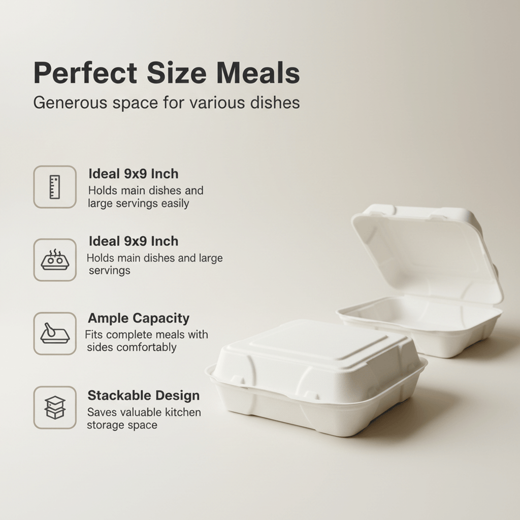 Planet Eco Corp 9x9 Inch Compostable Clamshell Food Containers - 50 Pack, Sugarcane Bagasse, Leak-Resistant, Microwave Safe, Eco-Friendly Takeaway Food Boxes, PFAS-Free & Biodegradable