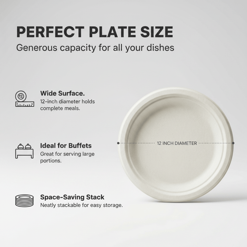 Planet Eco Corp 12 Inch Compostable Round Plates - 50 Pack Sugarcane Bagasse Dinnerware - Eco-Friendly, Heavy Duty, Microwave Safe Disposable Plates