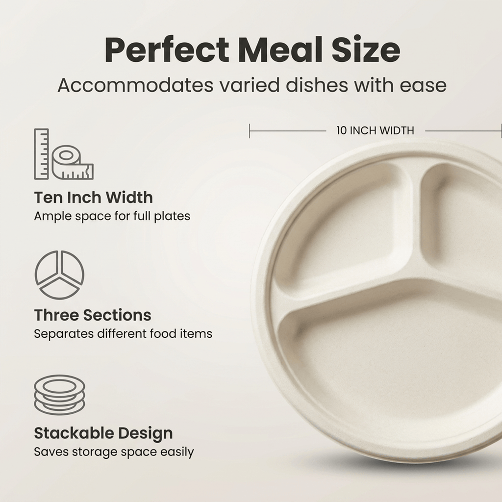 Planet Eco Corp | 10 Inch 3-Compartment Compostable Plates | Pack of 50