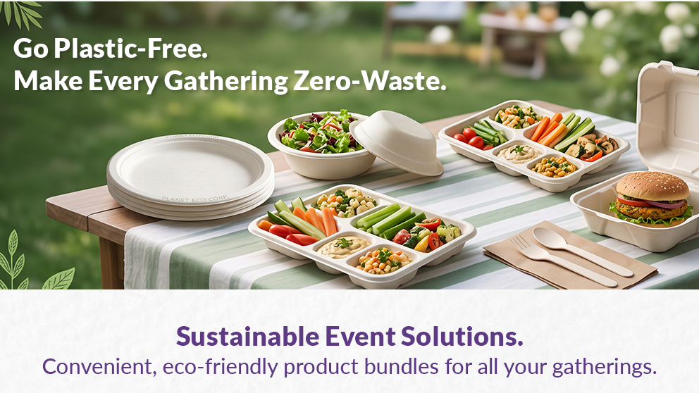 Eco-friendly sugarcane bagasse tableware replacing plastic, featuring compostable plates and food trays with 12,500+ lbs of plastic replaced and certified sustainable packaging.