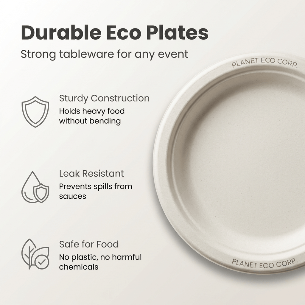 Planet Eco Corp 10 Inch Compostable Bagasse Plates, Pack of 50 – Heavy-Duty Disposable Dinnerware, PFAS-Free, Microwave Safe, Leak-Resistant & Eco-Friendly
