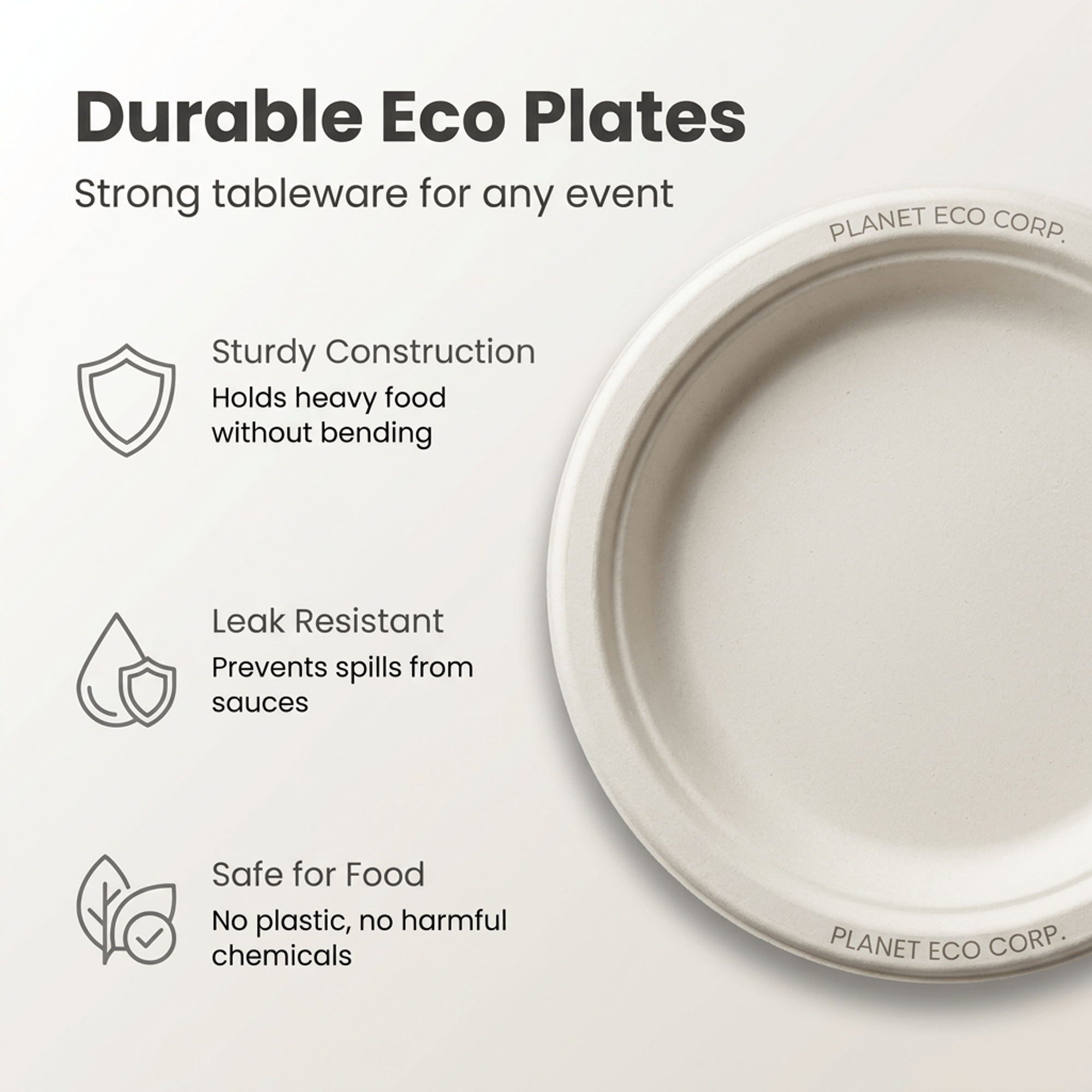 Planet Eco Corp 10 Inch Compostable Bagasse Plates, Pack of 50 – Heavy-Duty Disposable Dinnerware, PFAS-Free, Microwave Safe, Leak-Resistant & Eco-Friendly