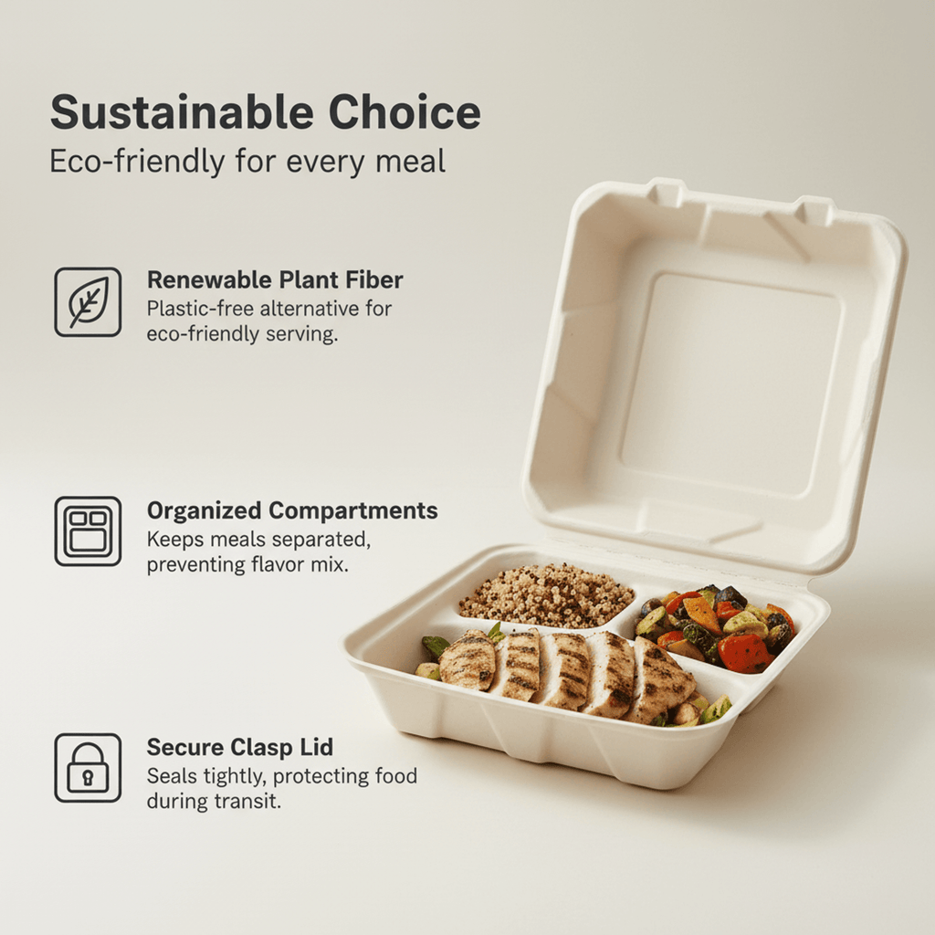 Planet Eco Corp 3-Compartment Compostable Clamshell Food Containers 9x9 Inch – Pack of 50 – Sugarcane Bagasse, Leak-Resistant, Microwave Safe, Eco-Friendly Takeaway Box for Meal Prep & Catering