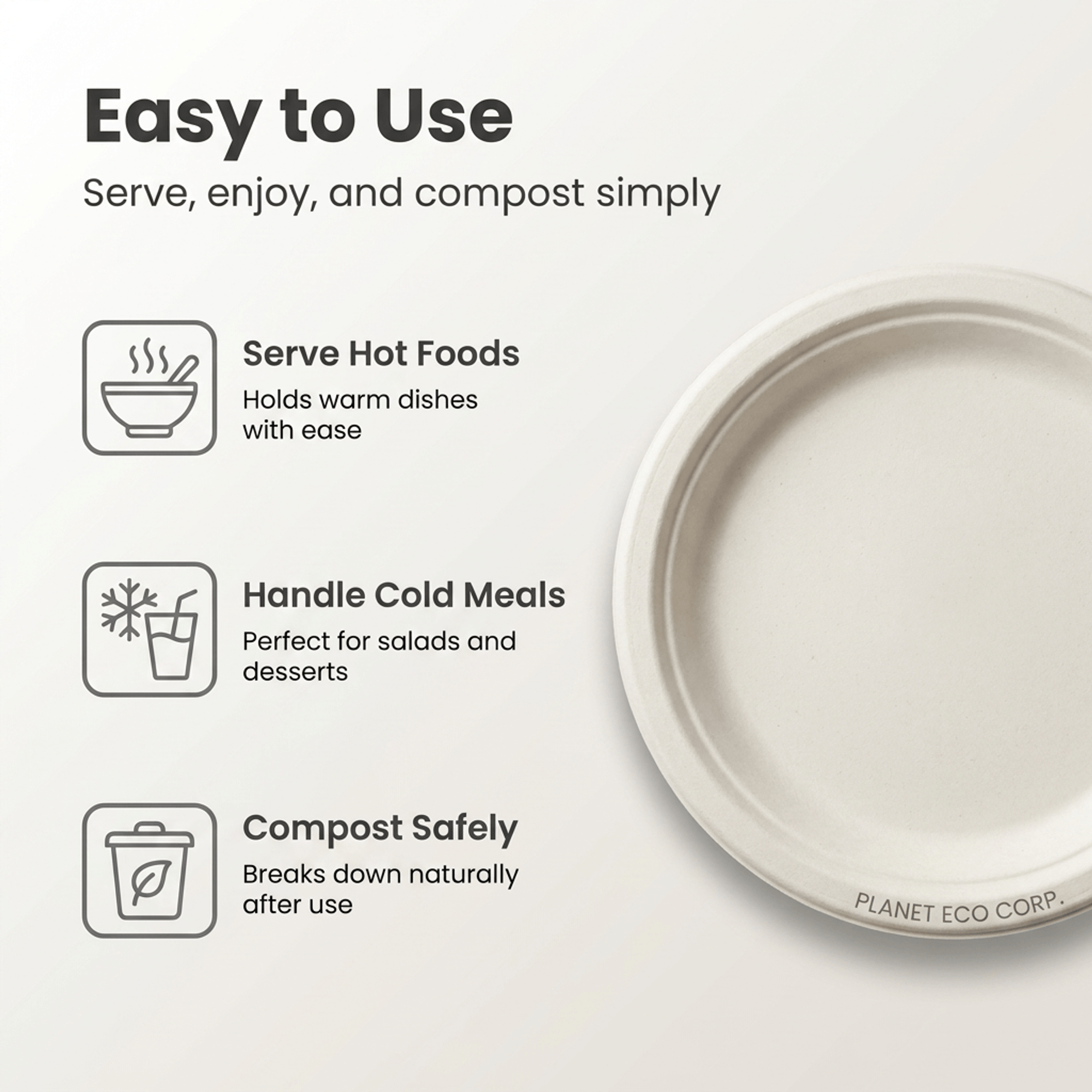Planet Eco Corp 10 Inch Compostable Bagasse Plates, Pack of 50 – Heavy-Duty Disposable Dinnerware, PFAS-Free, Microwave Safe, Leak-Resistant & Eco-Friendly