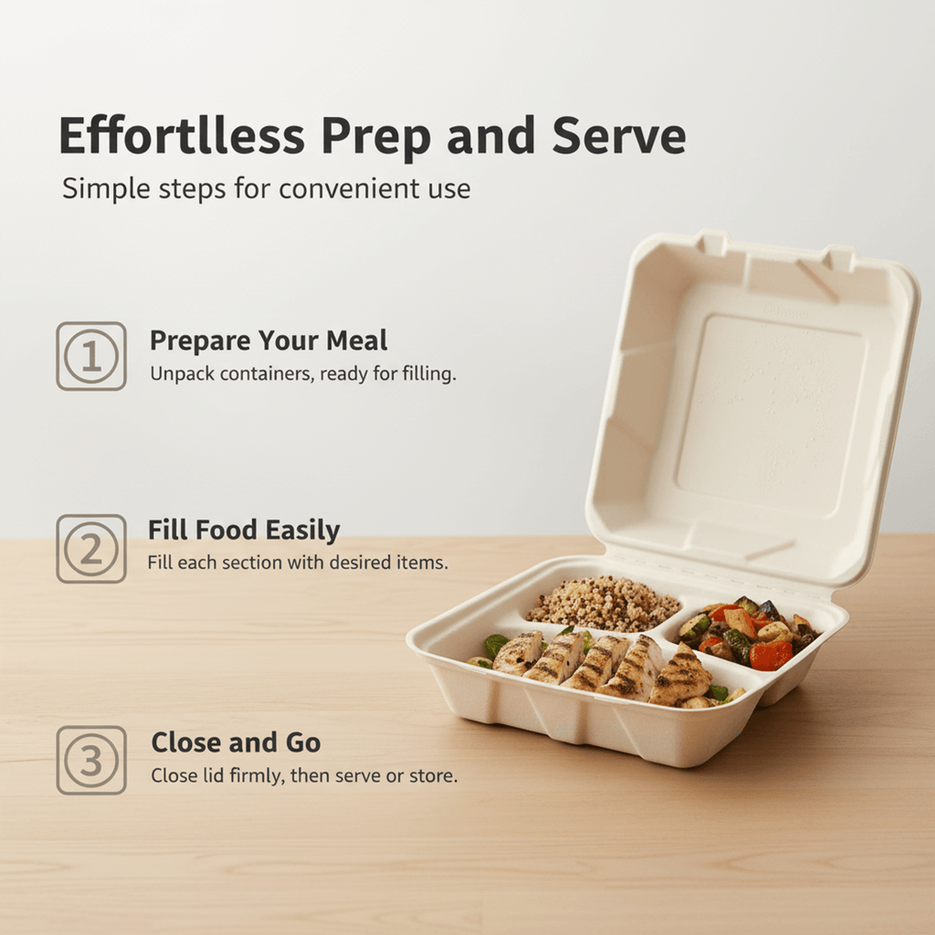 Planet Eco Corp 3-Compartment Compostable Clamshell Food Containers 9x9 Inch – Pack of 50 – Sugarcane Bagasse, Leak-Resistant, Microwave Safe, Eco-Friendly Takeaway Box for Meal Prep & Catering