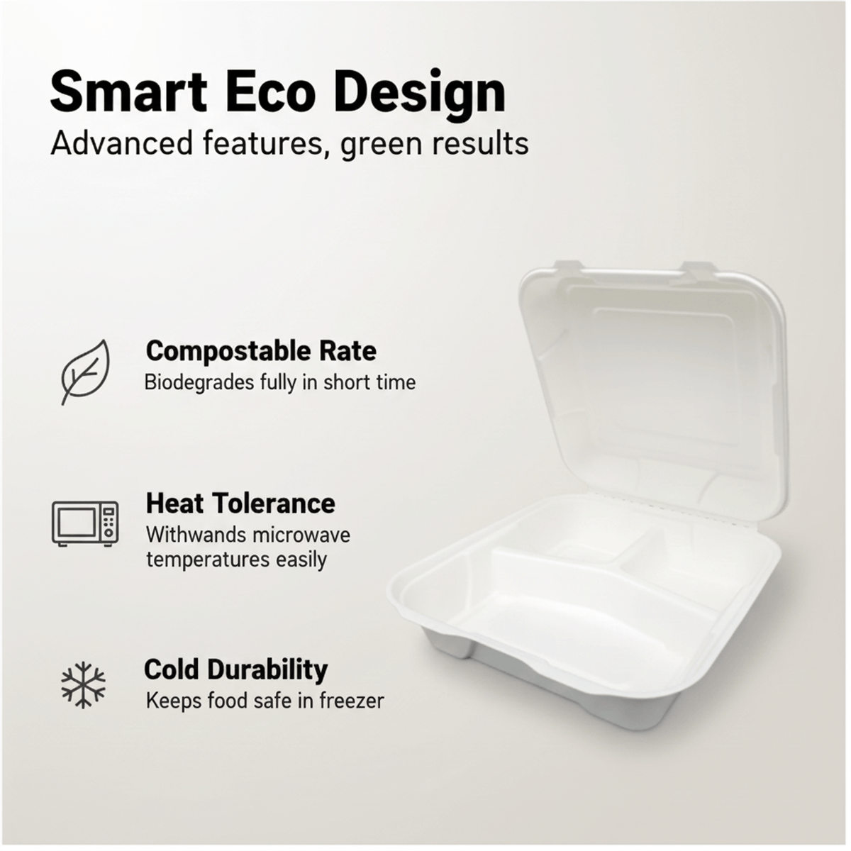 Planet Eco Corp 9 x 9 Inch 3-Compartment Compostable Clamshell To Go Containers, Sugarcane Bagasse Takeaway Containers, Leak-Resistant, Microwave Safe, PFAS-Free, Plastic-Free & Tree-Free Food Packaging