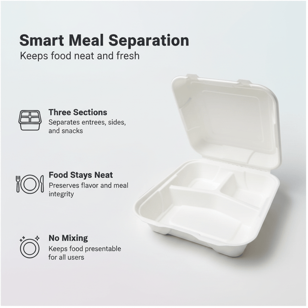 Planet Eco Corp 9 x 9 Inch 3-Compartment Compostable Clamshell To Go Containers, Sugarcane Bagasse Takeaway Containers, Leak-Resistant, Microwave Safe, PFAS-Free, Plastic-Free & Tree-Free Food Packaging