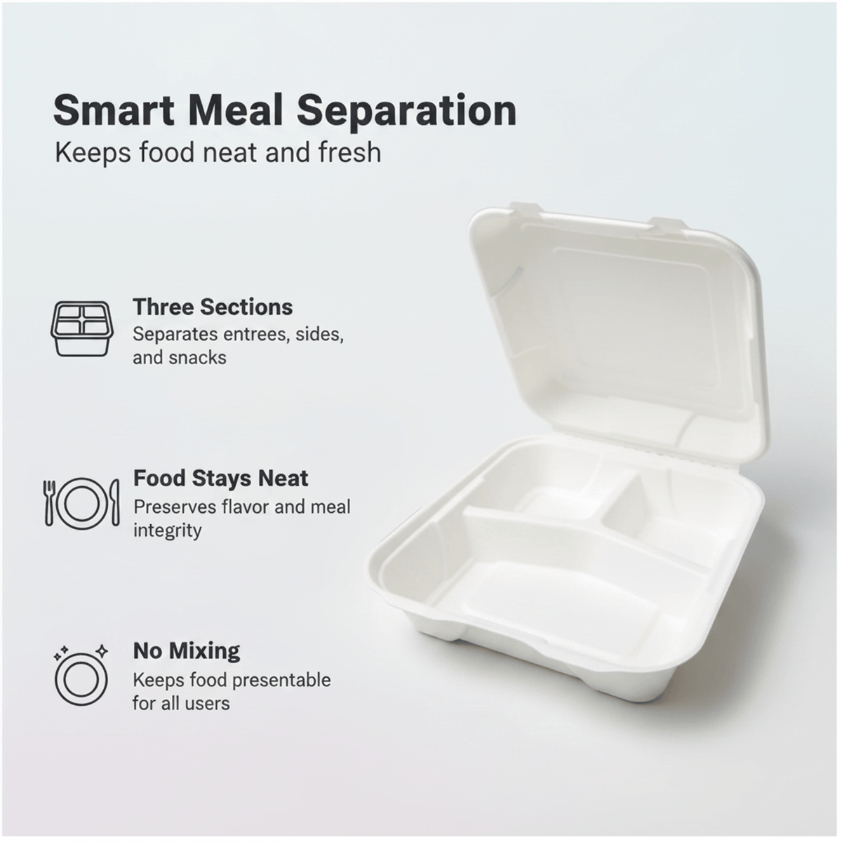 Planet Eco Corp 9 x 9 Inch 3-Compartment Compostable Clamshell To Go Containers, Sugarcane Bagasse Takeaway Containers, Leak-Resistant, Microwave Safe, PFAS-Free, Plastic-Free & Tree-Free Food Packaging