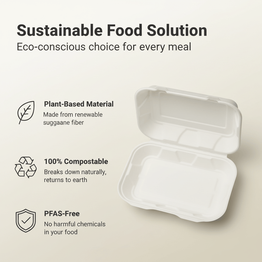 Planet Eco Corp 9 x 6 Inch Compostable Clamshell To Go Containers, Sugarcane Bagasse Takeaway Containers, Leak-Resistant, Microwave & Freezer Safe, PFAS-Free, Plastic-Free & Tree-Free Food Packaging