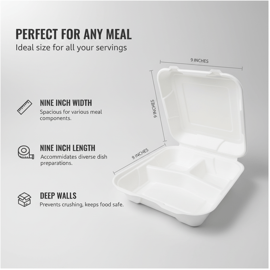 Planet Eco Corp 9 x 9 Inch 3-Compartment Compostable Clamshell To Go Containers, Sugarcane Bagasse Takeaway Containers, Leak-Resistant, Microwave Safe, PFAS-Free, Plastic-Free & Tree-Free Food Packaging