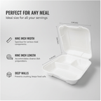 Planet Eco Corp 9 x 9 Inch 3-Compartment Compostable Clamshell To Go Containers, Sugarcane Bagasse Takeaway Containers, Leak-Resistant, Microwave Safe, PFAS-Free, Plastic-Free & Tree-Free Food Packaging