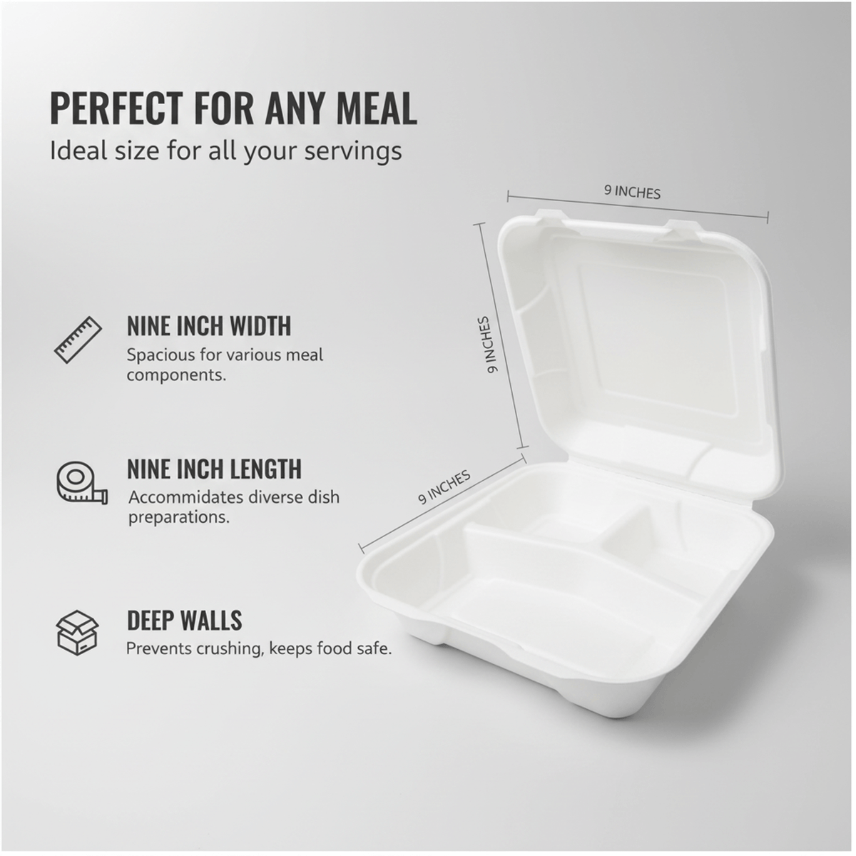 Planet Eco Corp 9 x 9 Inch 3-Compartment Compostable Clamshell To Go Containers, Sugarcane Bagasse Takeaway Containers, Leak-Resistant, Microwave Safe, PFAS-Free, Plastic-Free & Tree-Free Food Packaging