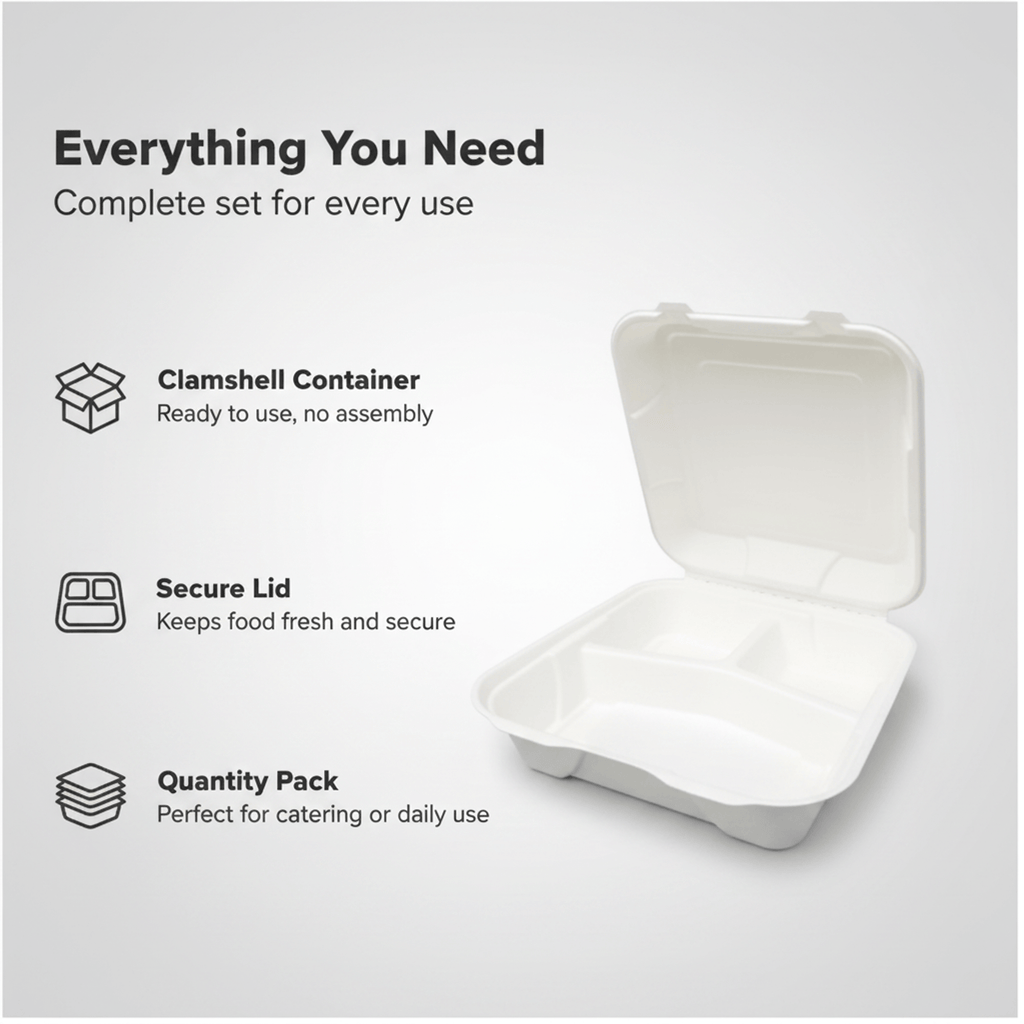 Planet Eco Corp 9 x 9 Inch 3-Compartment Compostable Clamshell To Go Containers, Sugarcane Bagasse Takeaway Containers, Leak-Resistant, Microwave Safe, PFAS-Free, Plastic-Free & Tree-Free Food Packaging