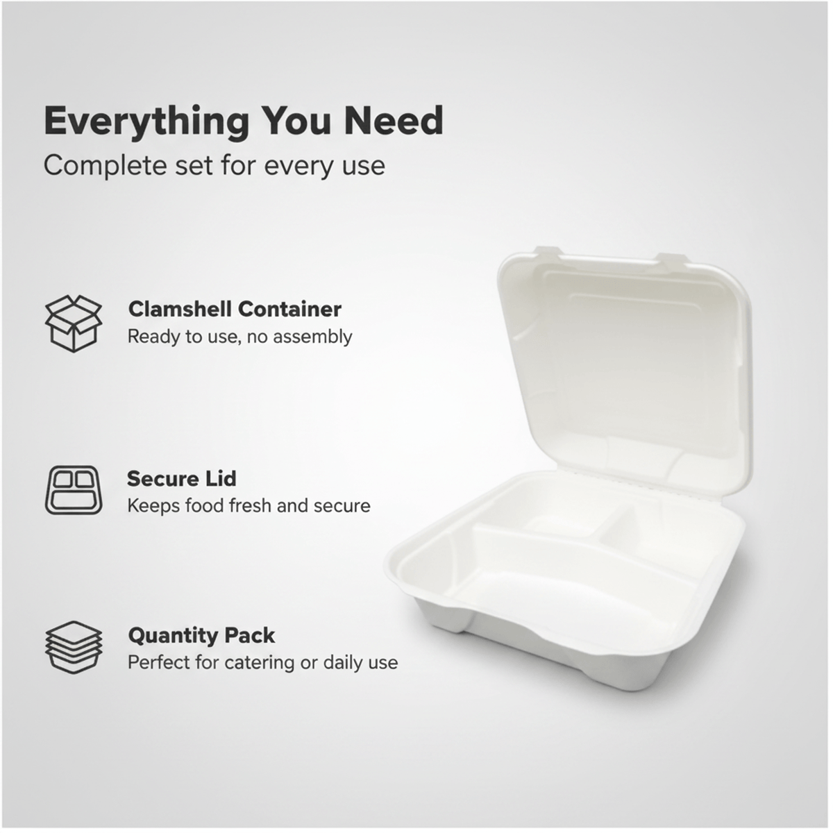 Planet Eco Corp 9 x 9 Inch 3-Compartment Compostable Clamshell To Go Containers, Sugarcane Bagasse Takeaway Containers, Leak-Resistant, Microwave Safe, PFAS-Free, Plastic-Free & Tree-Free Food Packaging