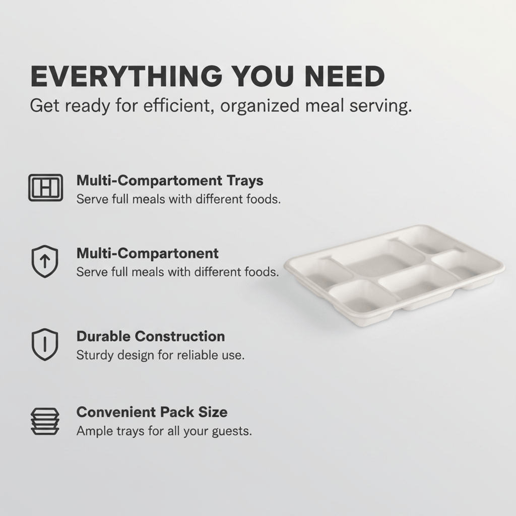 Planet Eco Corp 12.5x9 inch Large 6 Compartment Compostable Meal Trays, 6CP divided plates, Sugarcane Bagasse, Heavy Duty Paper, Leak-Resistant & Oil-Resistant, Microwave & Freezer Safe, PFAS-Free