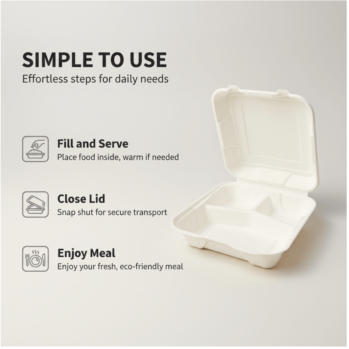 Planet Eco Corp 9 x 9 Inch 3-Compartment Compostable Clamshell To Go Containers, Sugarcane Bagasse Takeaway Containers, Leak-Resistant, Microwave Safe, PFAS-Free, Plastic-Free & Tree-Free Food Packaging