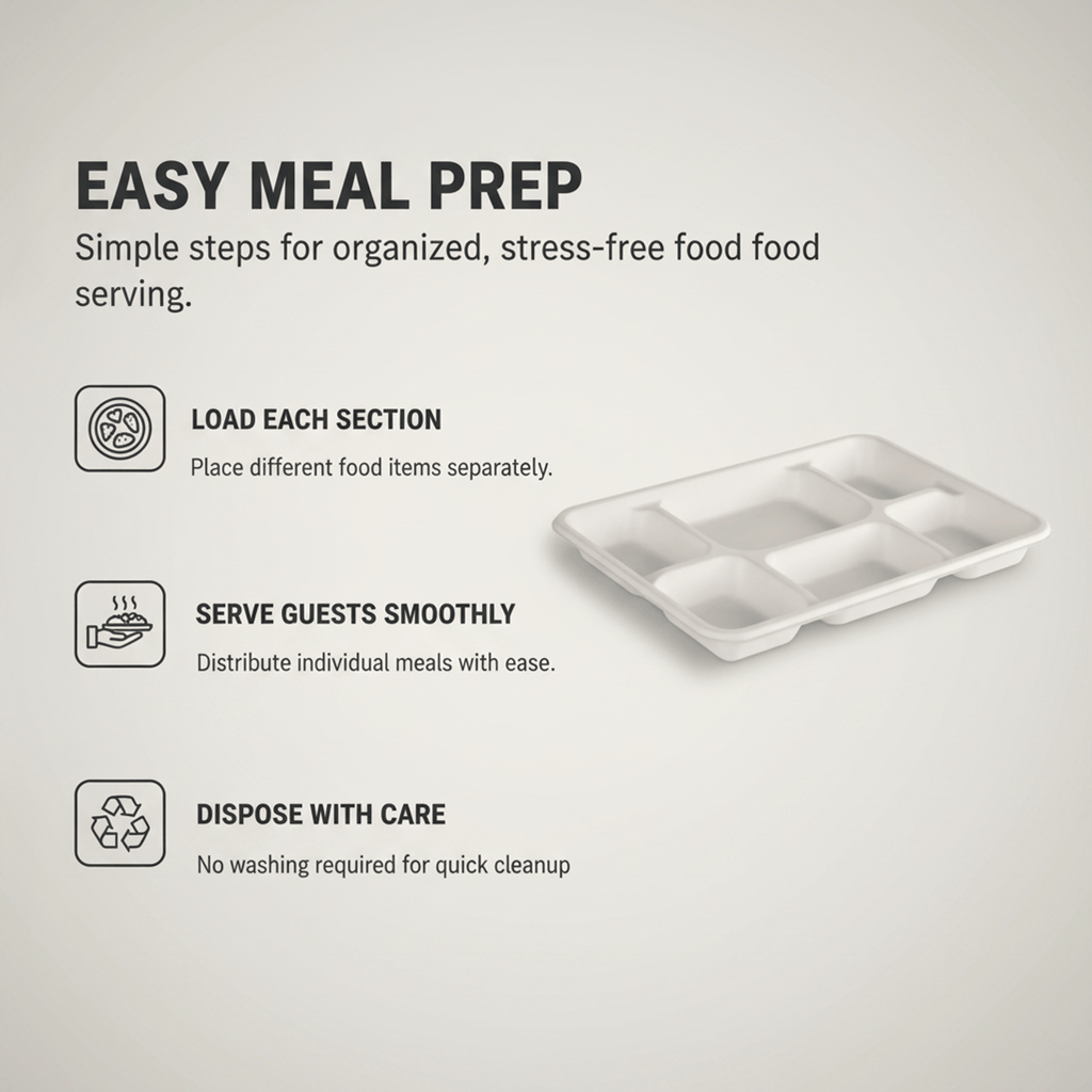 Planet Eco Corp 12.5x9 inch Large 6 Compartment Compostable Meal Trays, 6CP divided plates, Sugarcane Bagasse, Heavy Duty Paper, Leak-Resistant & Oil-Resistant, Microwave & Freezer Safe, PFAS-Free