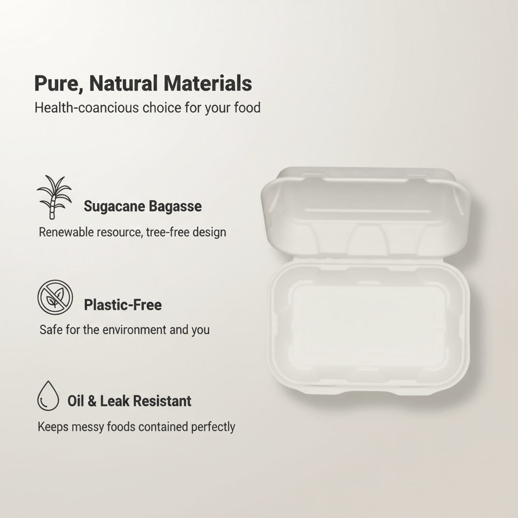 Planet Eco Corp 9 x 6 Inch Compostable Clamshell To Go Containers, Sugarcane Bagasse Takeaway Containers, Leak-Resistant, Microwave & Freezer Safe, PFAS-Free, Plastic-Free & Tree-Free Food Packaging
