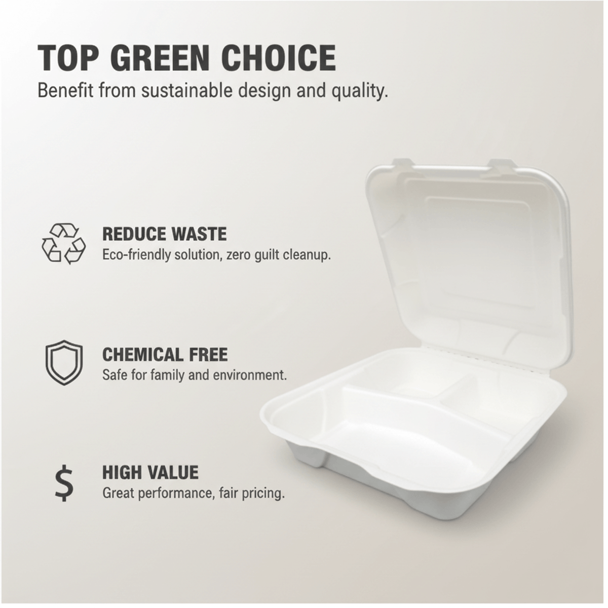 Planet Eco Corp 9 x 9 Inch 3-Compartment Compostable Clamshell To Go Containers, Sugarcane Bagasse Takeaway Containers, Leak-Resistant, Microwave Safe, PFAS-Free, Plastic-Free & Tree-Free Food Packaging