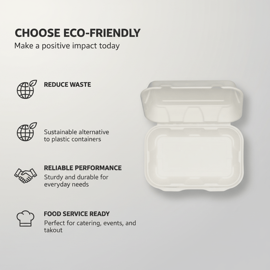 Planet Eco Corp 9 x 6 Inch Compostable Clamshell To Go Containers, Sugarcane Bagasse Takeaway Containers, Leak-Resistant, Microwave & Freezer Safe, PFAS-Free, Plastic-Free & Tree-Free Food Packaging