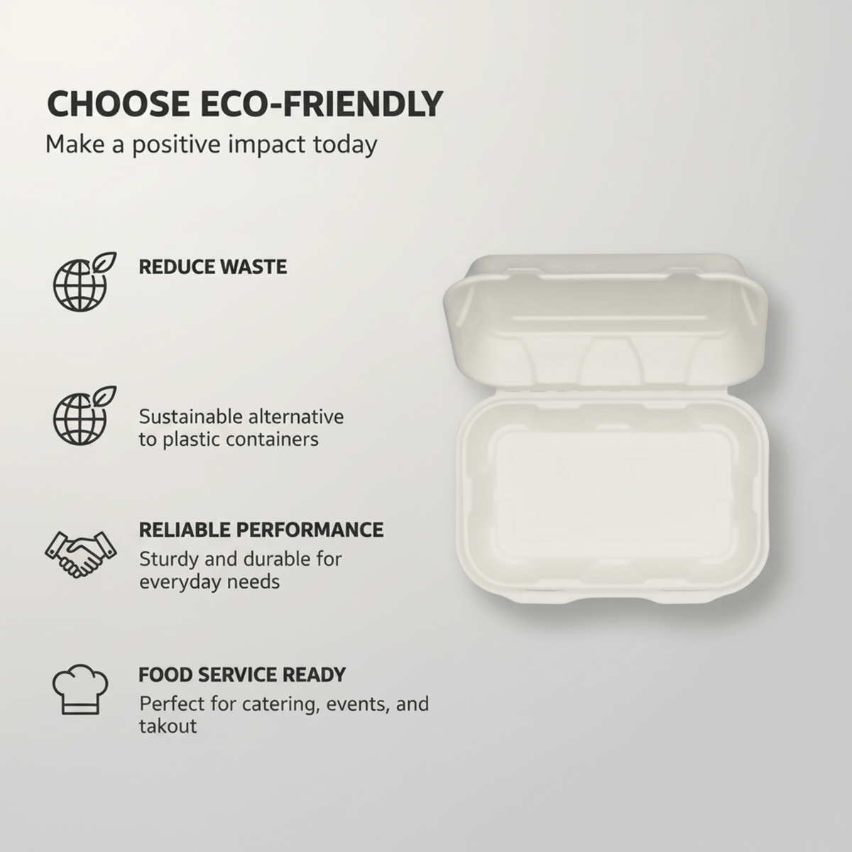 Planet Eco Corp 9 x 6 Inch Compostable Clamshell To Go Containers, Sugarcane Bagasse Takeaway Containers, Leak-Resistant, Microwave & Freezer Safe, PFAS-Free, Plastic-Free & Tree-Free Food Packaging