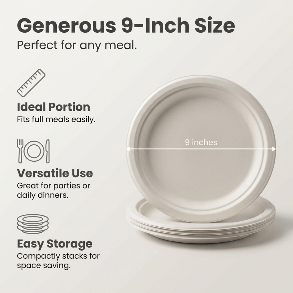 Planet Eco Corp 9 Inch Compostable Bagasse Plates, Pack of 50 – Heavy-Duty Disposable Dinnerware, PFAS-Free, Microwave Safe, Leak-Resistant & Eco-Friendly