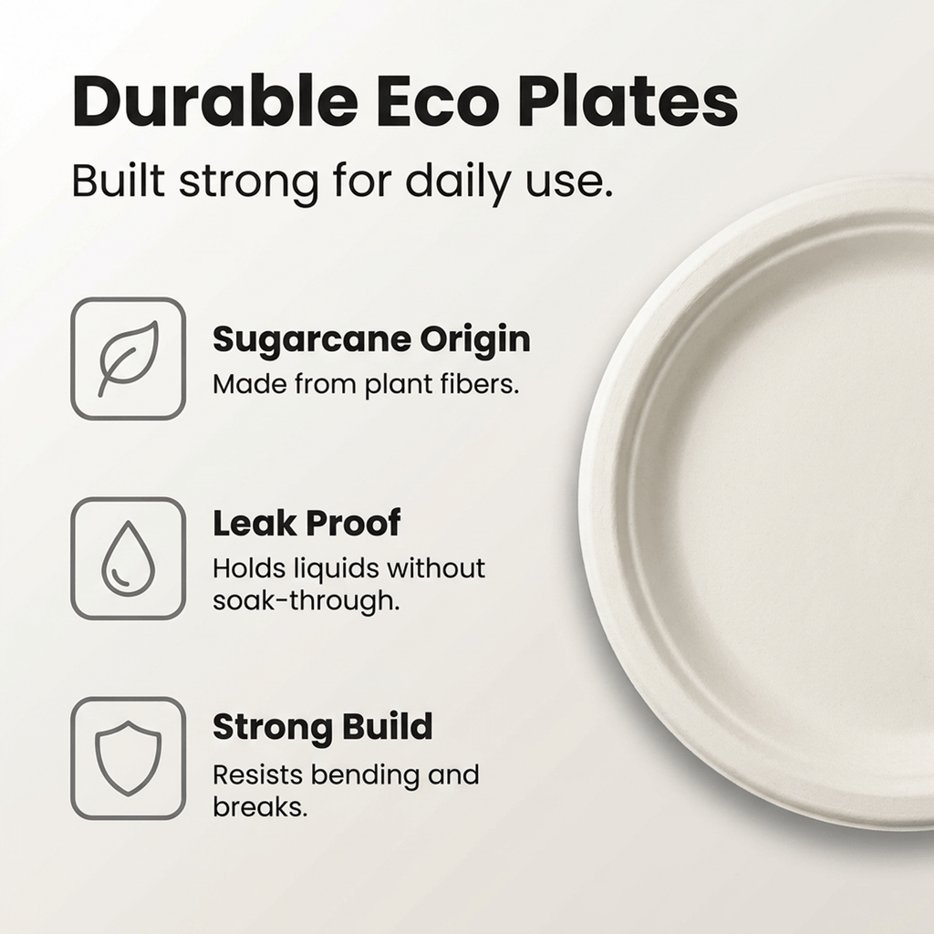 Planet Eco Corp 9 Inch Compostable Bagasse Plates, Pack of 50 – Heavy-Duty Disposable Dinnerware, PFAS-Free, Microwave Safe, Leak-Resistant & Eco-Friendly