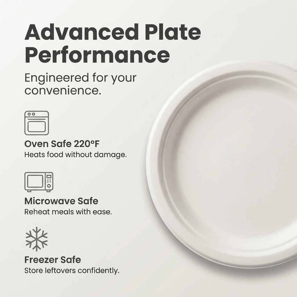 Planet Eco Corp 9 Inch Compostable Bagasse Plates, Pack of 50 – Heavy-Duty Disposable Dinnerware, PFAS-Free, Microwave Safe, Leak-Resistant & Eco-Friendly