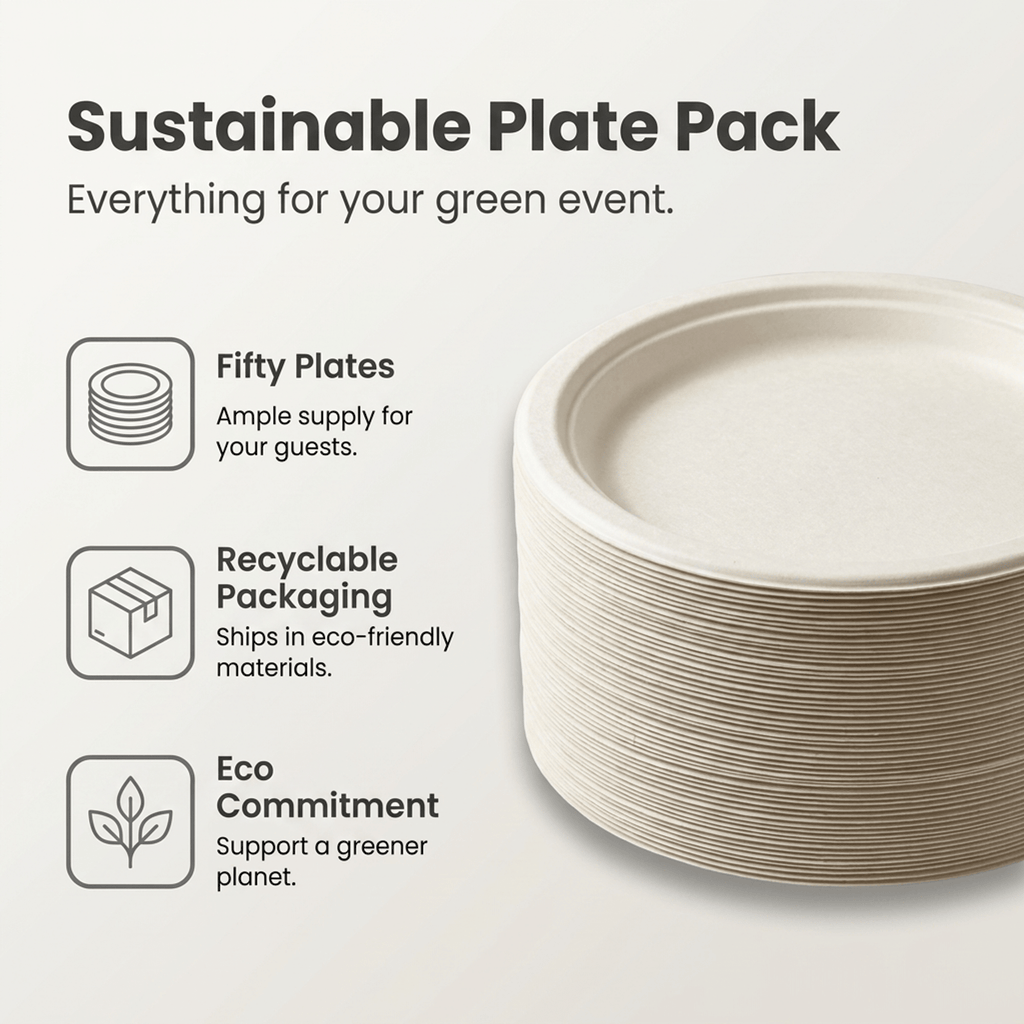 Planet Eco Corp 9 Inch Compostable Bagasse Plates, Pack of 50 – Heavy-Duty Disposable Dinnerware, PFAS-Free, Microwave Safe, Leak-Resistant & Eco-Friendly