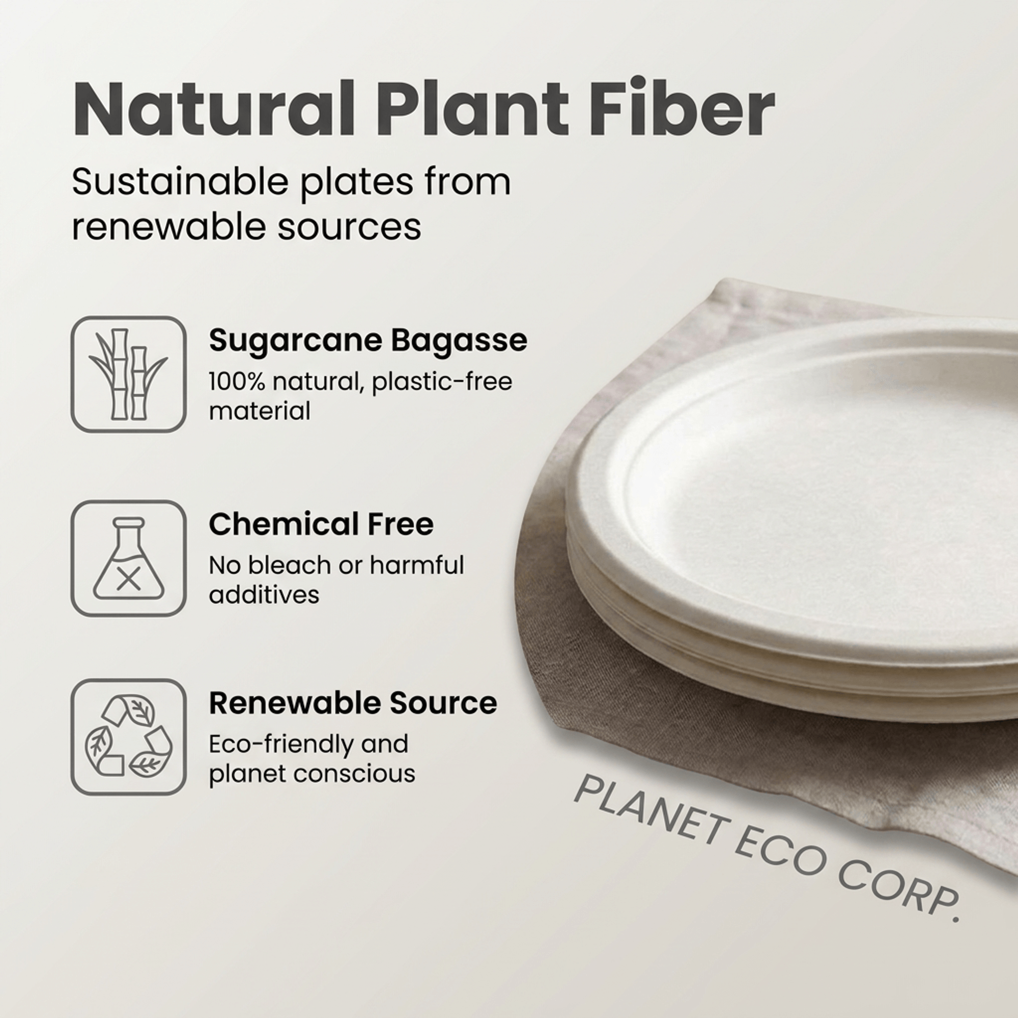 Planet Eco Corp 10 Inch Compostable Bagasse Plates, Pack of 50 – Heavy-Duty Disposable Dinnerware, PFAS-Free, Microwave Safe, Leak-Resistant & Eco-Friendly