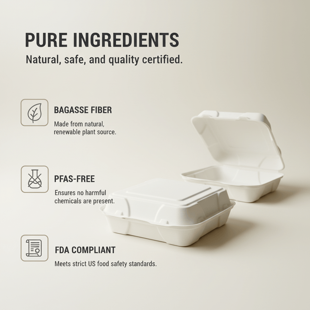 Planet Eco Corp 9x9 Inch Compostable Clamshell Food Containers - 50 Pack, Sugarcane Bagasse, Leak-Resistant, Microwave Safe, Eco-Friendly Takeaway Food Boxes, PFAS-Free & Biodegradable