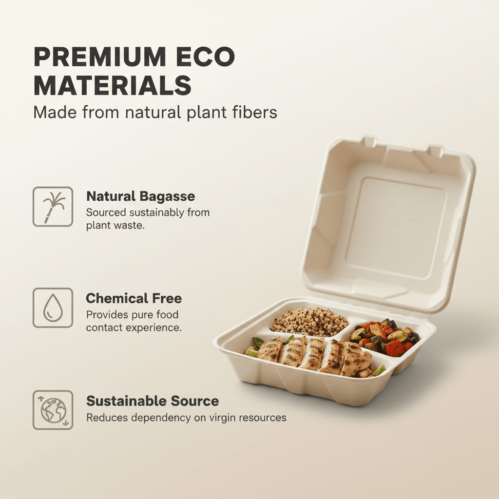 Planet Eco Corp 3-Compartment Compostable Clamshell Food Containers 9x9 Inch – Pack of 50 – Sugarcane Bagasse, Leak-Resistant, Microwave Safe, Eco-Friendly Takeaway Box for Meal Prep & Catering