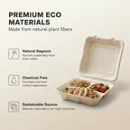 Planet Eco Corp 3-Compartment Compostable Clamshell Food Containers 9x9 Inch – Pack of 50 – Sugarcane Bagasse, Leak-Resistant, Microwave Safe, Eco-Friendly Takeaway Box for Meal Prep & Catering