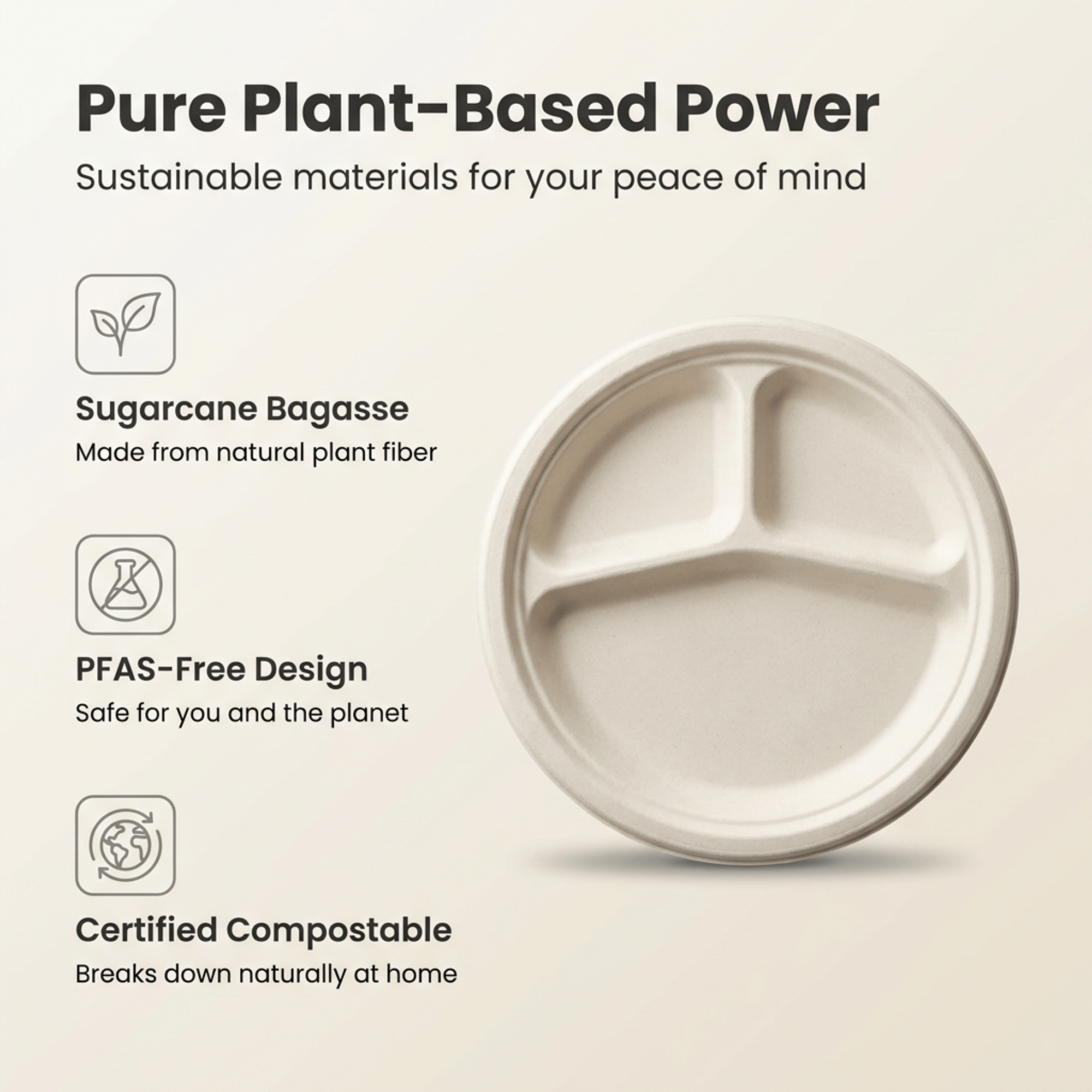 Planet Eco Corp | 10 Inch 3-Compartment Compostable Plates | Pack of 50