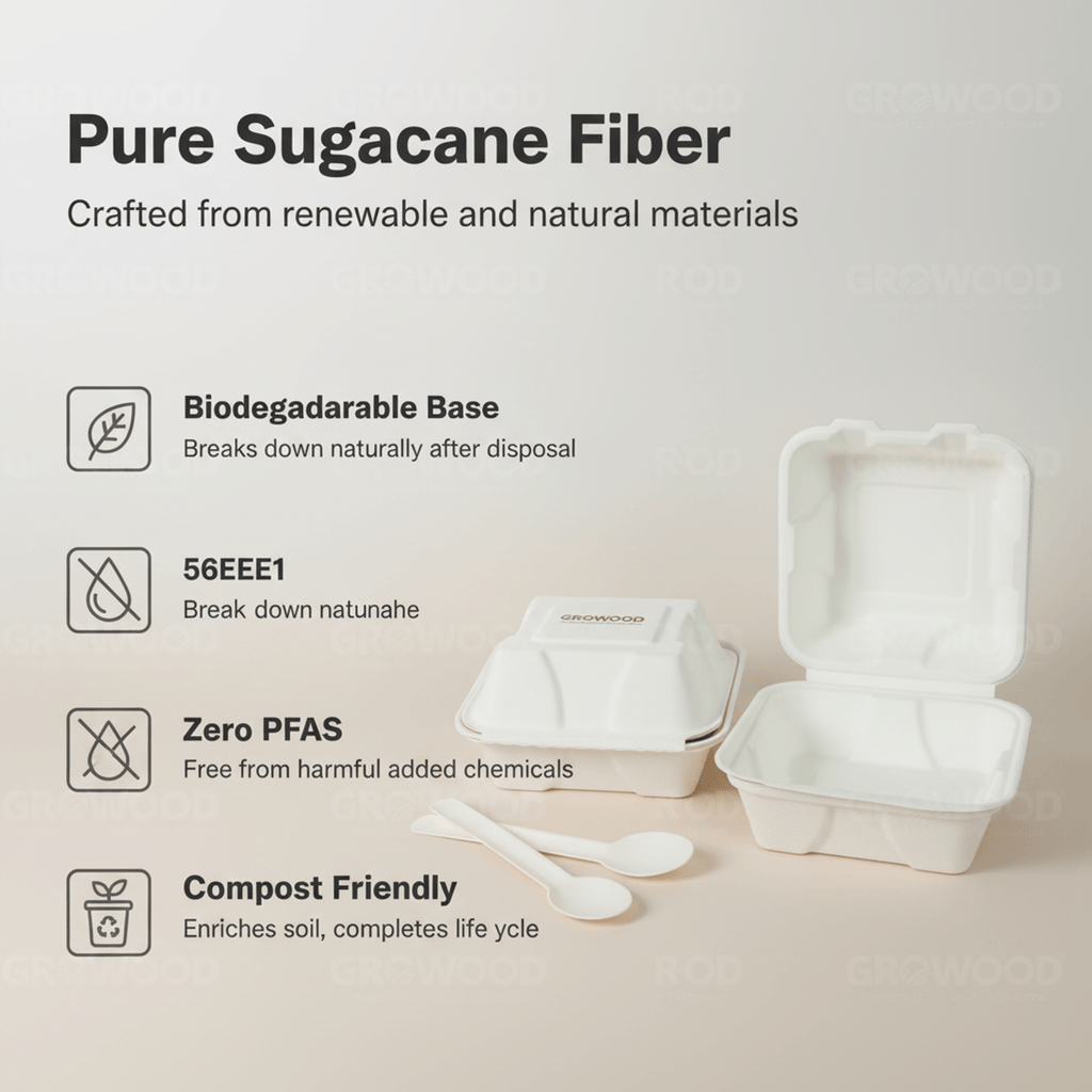 Planet Eco Corp 6 x 6 Inch Compostable Clamshell Food Containers, Pack of 50 – Sugarcane Bagasse Takeaway Boxes, Leak-Resistant, Microwave Safe, PFAS-Free, Eco-Friendly Food Containers