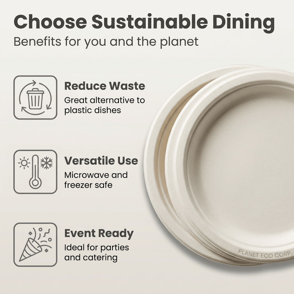 Planet Eco Corp 10 Inch Compostable Bagasse Plates, Pack of 50 – Heavy-Duty Disposable Dinnerware, PFAS-Free, Microwave Safe, Leak-Resistant & Eco-Friendly