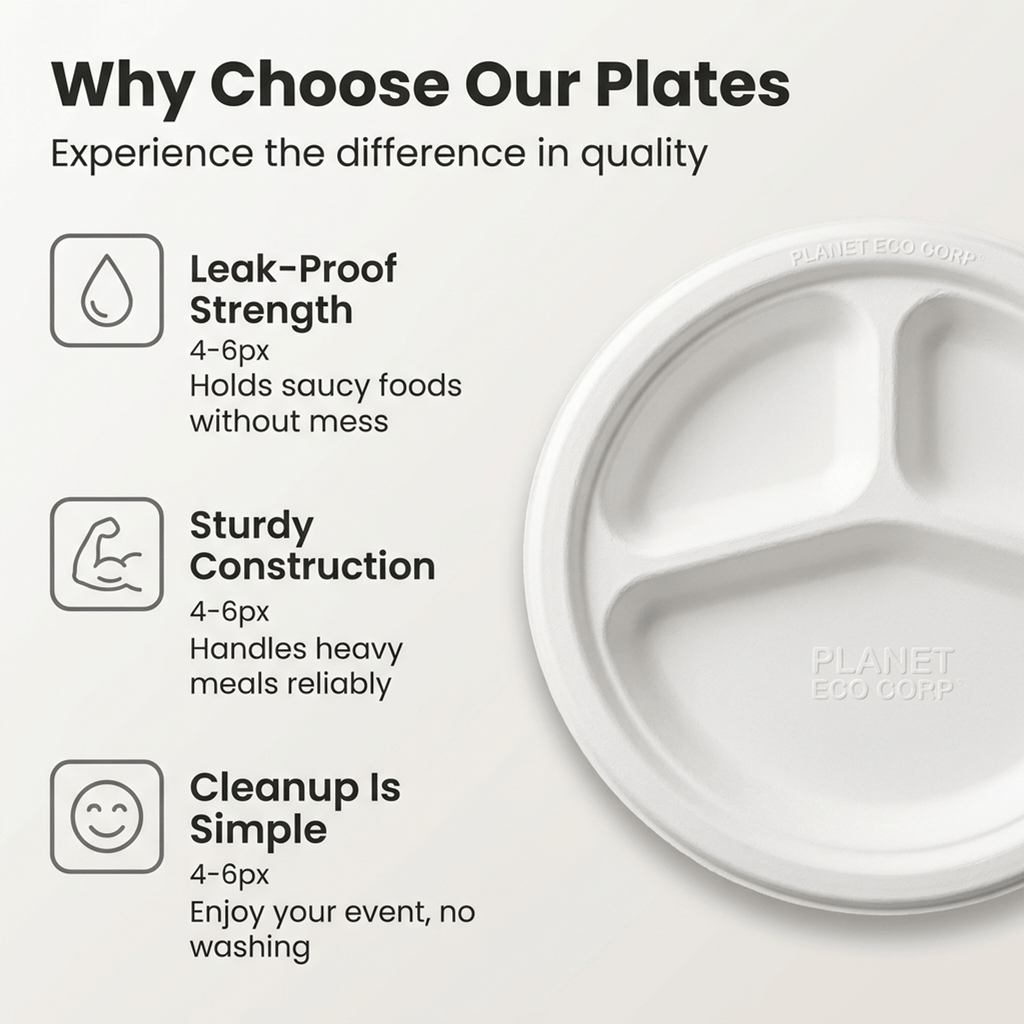 Planet Eco Corp | 10 Inch 3-Compartment Compostable Plates | Pack of 50