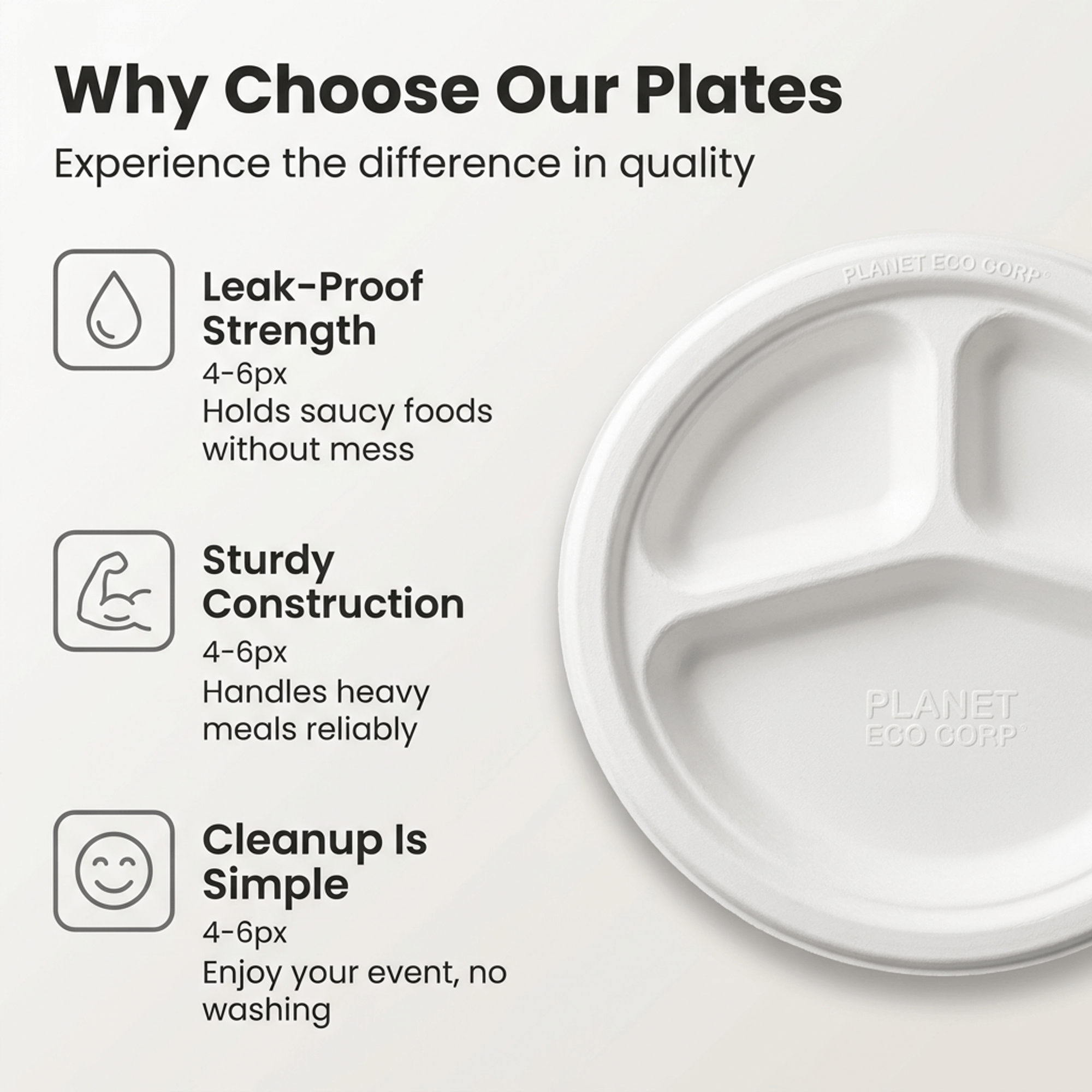 Planet Eco Corp | 10 Inch 3-Compartment Compostable Plates | Pack of 50
