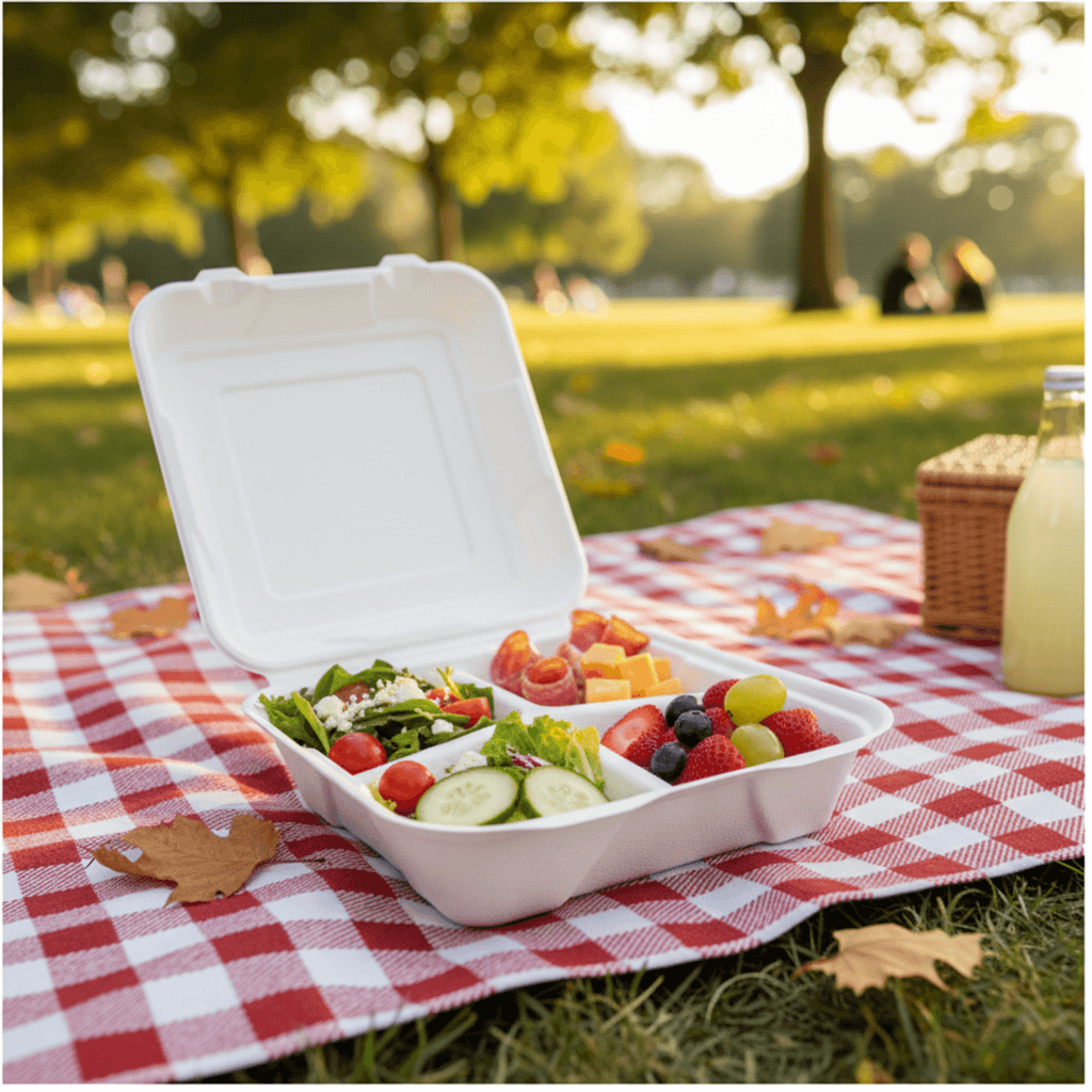 Planet Eco Corp 9 x 9 Inch 3-Compartment Compostable Clamshell To Go Containers, Sugarcane Bagasse Takeaway Containers, Leak-Resistant, Microwave Safe, PFAS-Free, Plastic-Free & Tree-Free Food Packaging