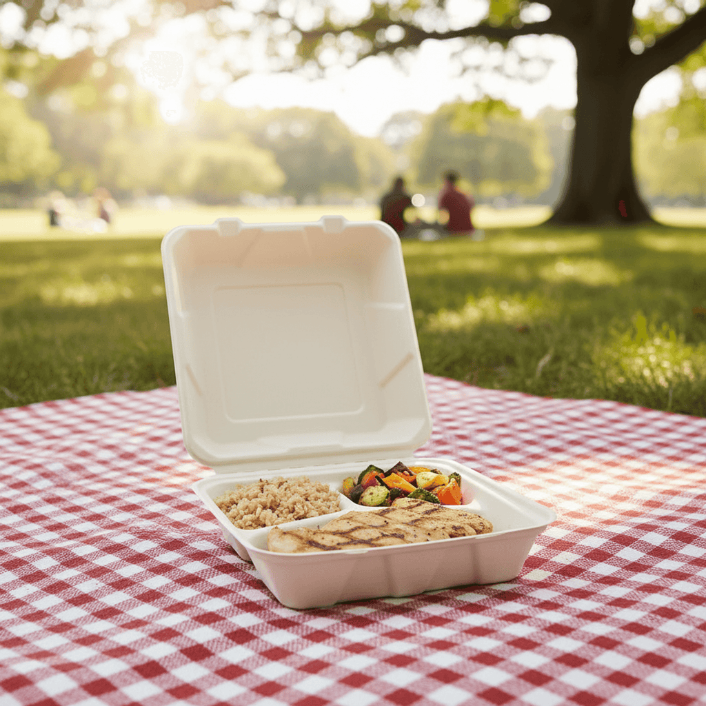 Planet Eco Corp 3-Compartment Compostable Clamshell Food Containers 9x9 Inch – Pack of 50 – Sugarcane Bagasse, Leak-Resistant, Microwave Safe, Eco-Friendly Takeaway Box for Meal Prep & Catering