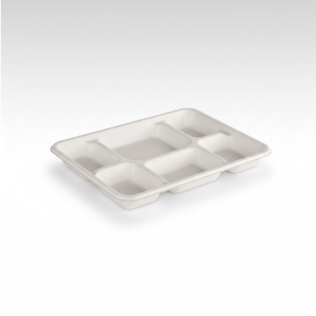 Planet Eco Corp 12.5x9 inch Large 6 Compartment Compostable Meal Trays, 6CP divided plates, Sugarcane Bagasse, Heavy Duty Paper, Leak-Resistant & Oil-Resistant, Microwave & Freezer Safe, PFAS-Free